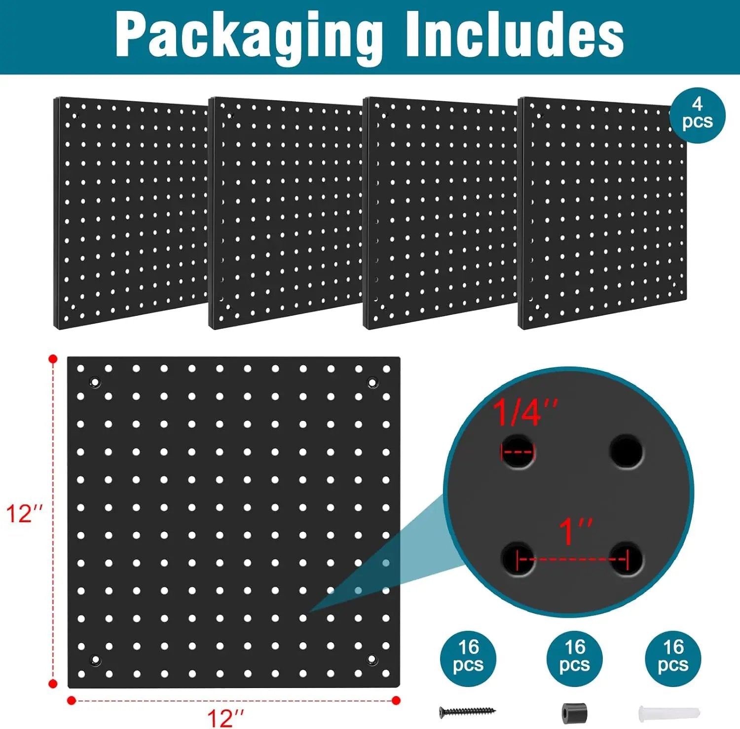 Peg Board,Steel Organization Panels, Ideal for Garage Tool Storage, Office Organization, Craft Room, Kitchen,Pack of 4 (Black, 4-12X12) by GreenHaven Gardens