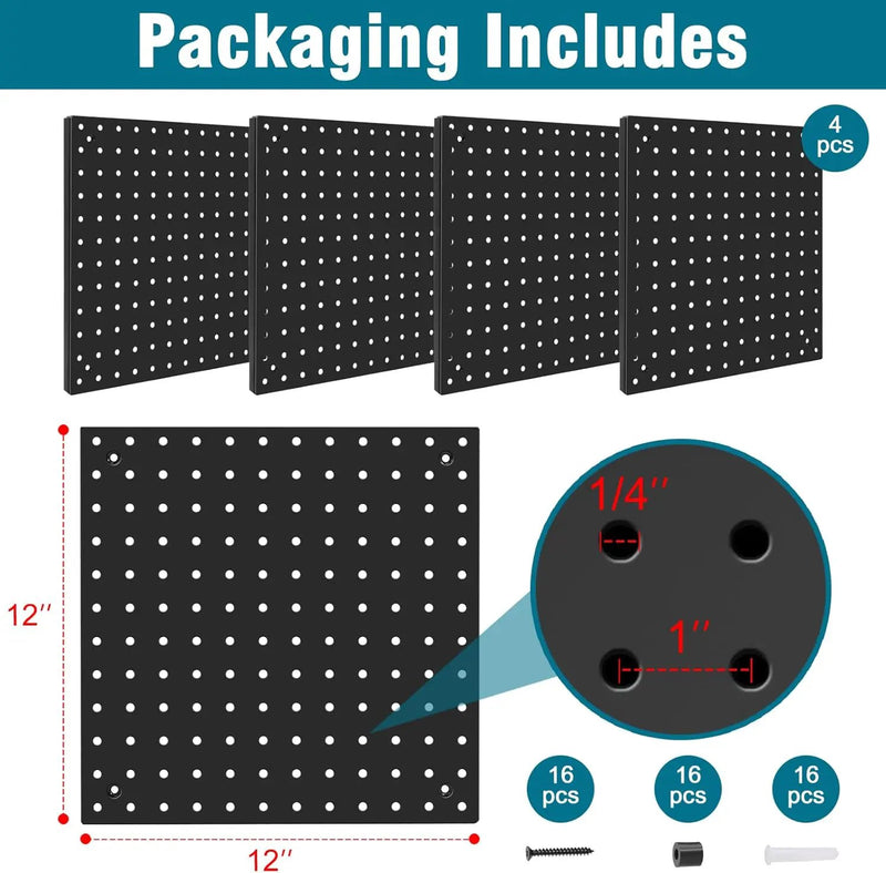 Peg Board,Steel Organization Panels, Ideal for Garage Tool Storage, Office Organization, Craft Room, Kitchen,Pack of 4 (Black, 4-12X12) by GreenHaven Gardens