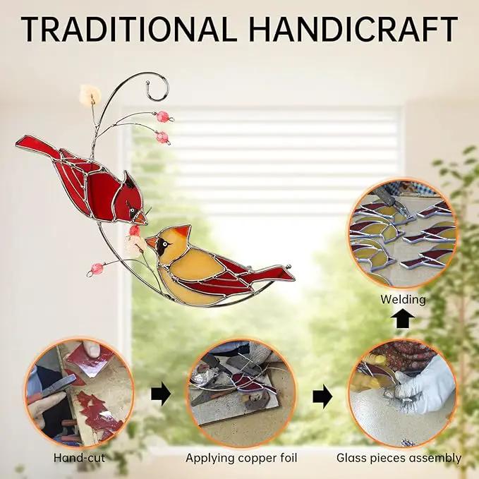 Cardinal Stained Glass Suncatchers for Windows Hanging Decorative,Couple Red Love Birds Sun Catchers for Christmas Ornaments,Real Stained Glass Cardinal Memorial Gifts for Women/Mom by GreenHaven Gardens