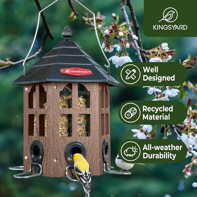 Kingsyard Wild Bird Feeder for Outdoor Hanging, Recycled Plastic Bird Feeders with 6 Ports & U-Shape Perch, Garden Yard Outside Decoration, 3.5 lbs Seed Capacity, Brown by GreenHaven Gardens