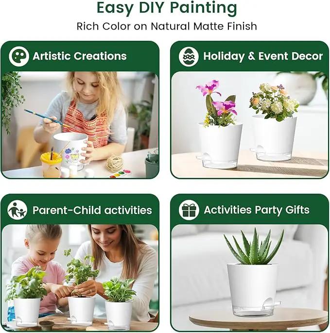 6 inch Self Watering Pots for Indoor Outdoor Plants, 3 Pack Flower Plant Pots with Drainage Holes and Clear Reservoirs, Visible Water Level, Plastic Planters with Wicking Rope, White by GreenHaven Gardens