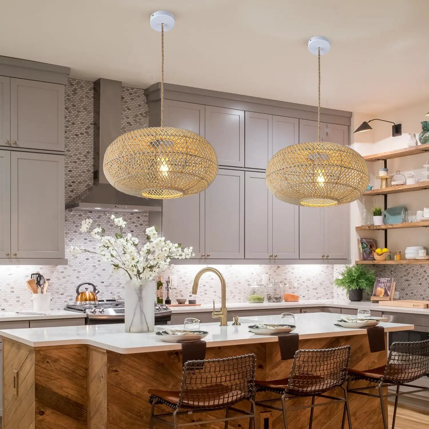 Rattan Pendant Light 16" 1-Light Hand-Woven Rattan Hanging Light，Wicker Woven Basket Chandelier，Modern Bohemian Pendant Lamp for Kitchen Island Foyer Farmhouse Porch by GreenHaven Gardens