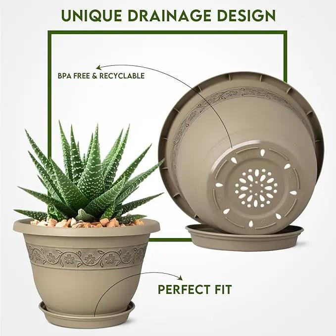 8 Inch Plant Pots with Drainage Hole - Lightweight Flower Pots for Herbs and Flowers - Home Decor Plastic Planters for Indoor Outdoor Plants- Pack of 6 (Brown, 8 inch) by GreenHaven Gardens
