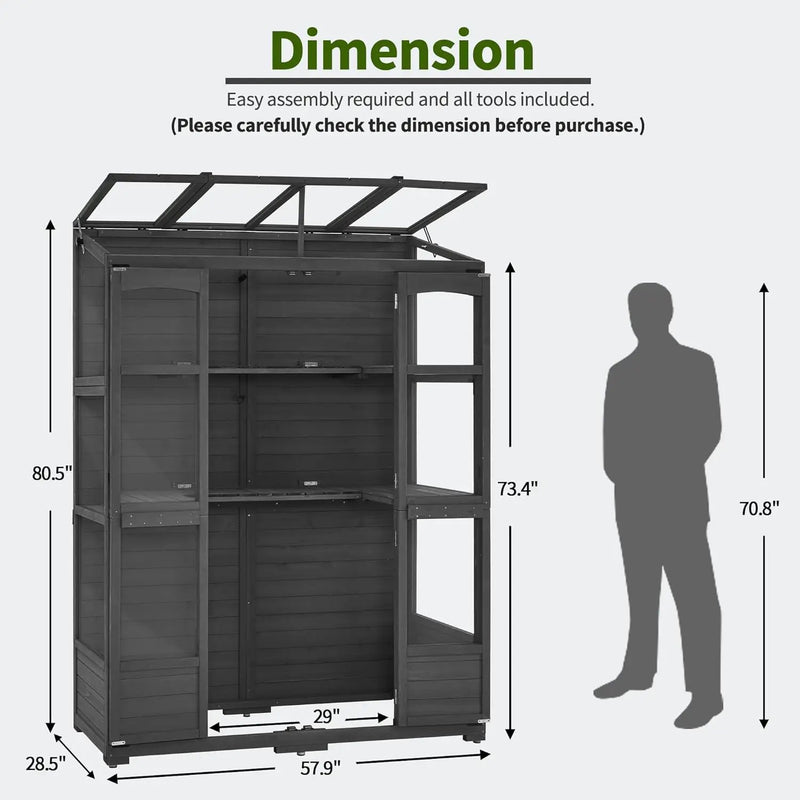 MCombo Wooden Greenhouse, Walk-in Outdoor Greenhouse with Openable Roof and Lockable Door, 0899 (Dark Grey) by GreenHaven Gardens
