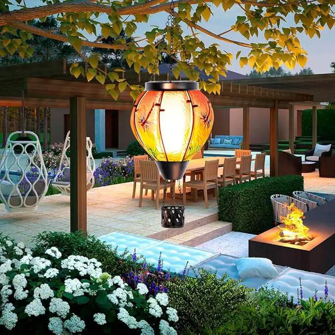 Starsoul Dragonfly Hot Air Balloon Solar Lantern Outdoor Glass Hanging Hot Air Balloon Lantern with Flame Light Waterproof for Patio Pathway Yard Porch Backyard Decor by GreenHaven Gardens