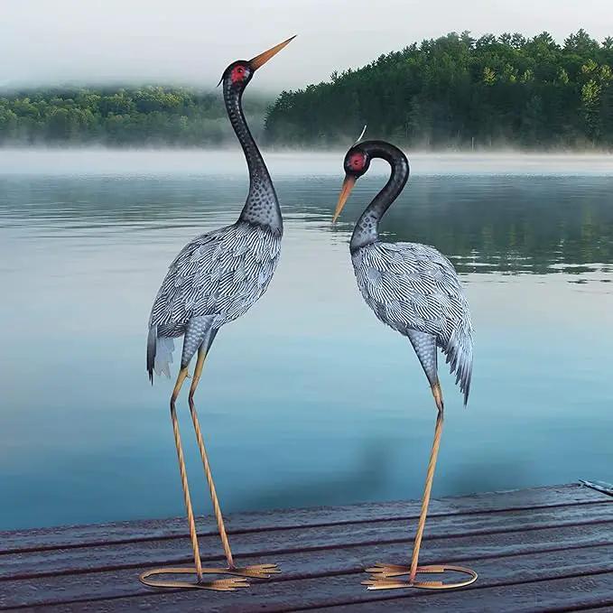 Crane Statue Garden Décor, Metal Heron Statue Yard Art for Outdoor Patio Lawn Backyard Pool Front Porch Deocr, Bird Garden Sculpture & Statues, Set of 2, Black and White by GreenHaven Gardens
