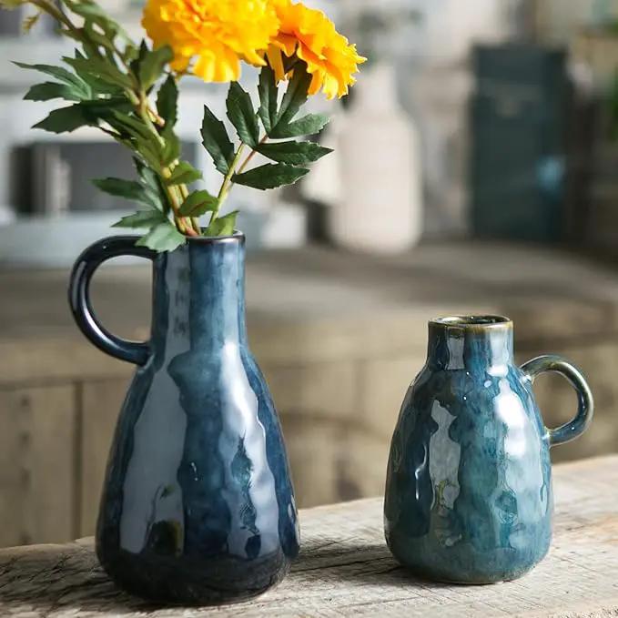 Ceramic Vase Set of 2, Blue Glazed Small Pottery Vases with Handles, Decorative Clay Vase Modern Farmhouse Decor, Centerpiece Dining Table Decorations Porcelain by GreenHaven Gardens