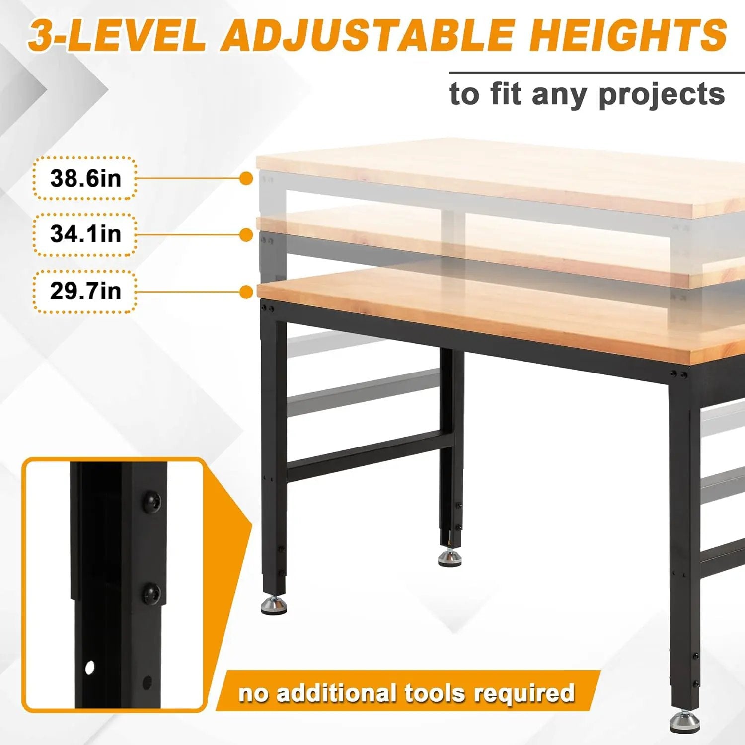 HABUTWAY Height Adjustable Workbench 60" 2000 Lbs Capacity Solid Wood Work Station Heavy-Duty Work Tables with Power Outlets for Garage Party Shop Office by GreenHaven Gardens