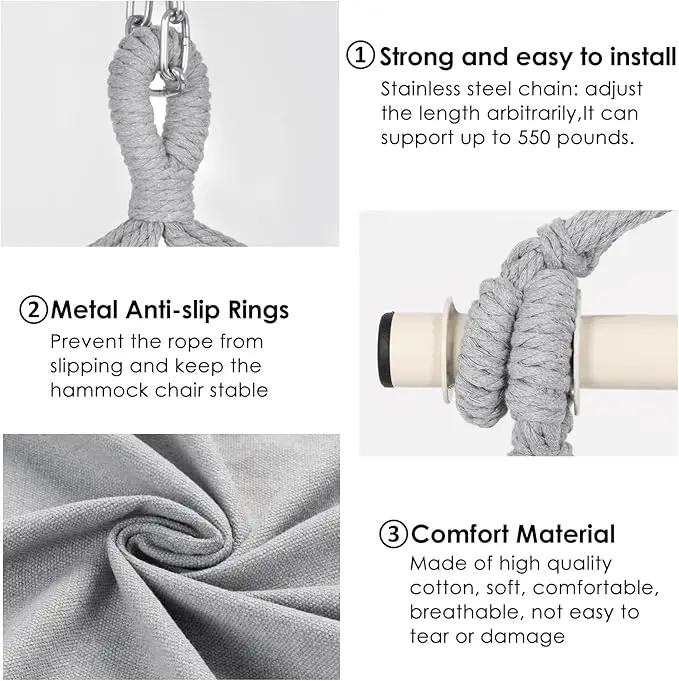Y- STOP Hammock Chair Hanging Rope Swing Chair, Max 500 Lbs, 2 Seat Cushions Included, Removable Steel Spreader Bar with Anti-Slip Rings, Hardware kit-for Indoor or Outdoor(Light Grey) by GreenHaven Gardens