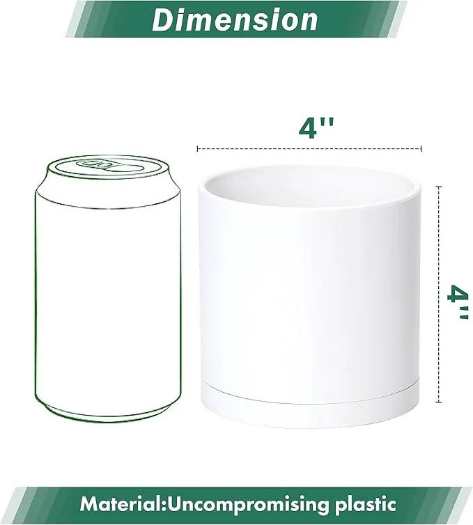 D'vine Dev 2 Pack 4 Inch Modern Plastic Plant Pots, Small Garden Planters for Plant with Drainage Holes and Saucers, White Color, 74-Z-E-1 by GreenHaven Gardens