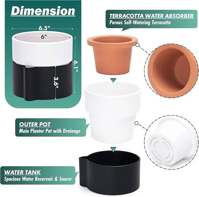 Phoenix Vine 6.5 Inch Self-Watering Planter Pot with Terracotta Insert, Deep Water Reservoir, and Ceramic-Alike BPA-Free Plastic Pot for Plant, Modern Planter for Houseplants, Black/White, 53-C-S-7 by GreenHaven Gardens