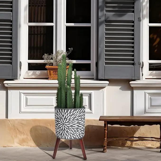 10 Inches Plant Pot with Stand, Large Modern Standing Planters for Indoor Plants with Drainage Holes, Gray Flower Pots with Legs by GreenHaven Gardens