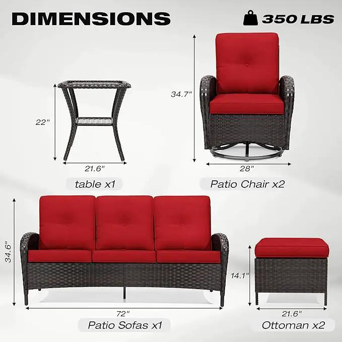 Joyside 6 Piece Patio Furniture Set, Outdoor Wicker Conversation Sets with Swivel Rocker Chairs and Sofa, Thick Cushion, Rattan Patio Sectional for Porch, Deck Use (Brown/Red, 6 PCS) by GreenHaven Gardens