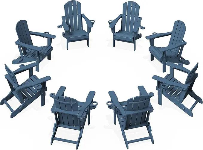 KINGYES Folding Adirondack Chair Set of 8, Dual Cup Holders & All-Weather HDPE, Wood-Like Patio Chair for Backyard, Camping, Pool & Fire Pit, Navy by GreenHaven Gardens