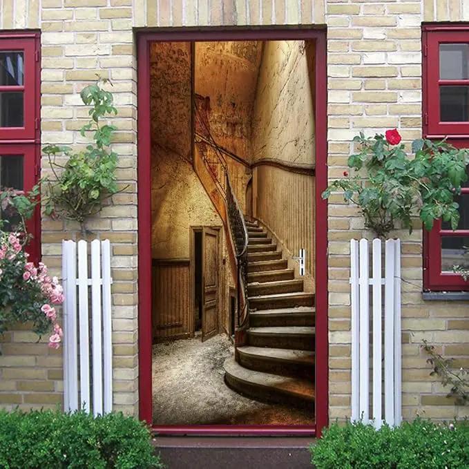 3D Door Wallpaper Self-Adhesive Door Sticker - Old Stairs - Door Film Poster Premium PVC Waterproof Wall Sticker for Bedroom Living Room Door Decoration Wallpaper 80 x 200 cm by GreenHaven Gardens