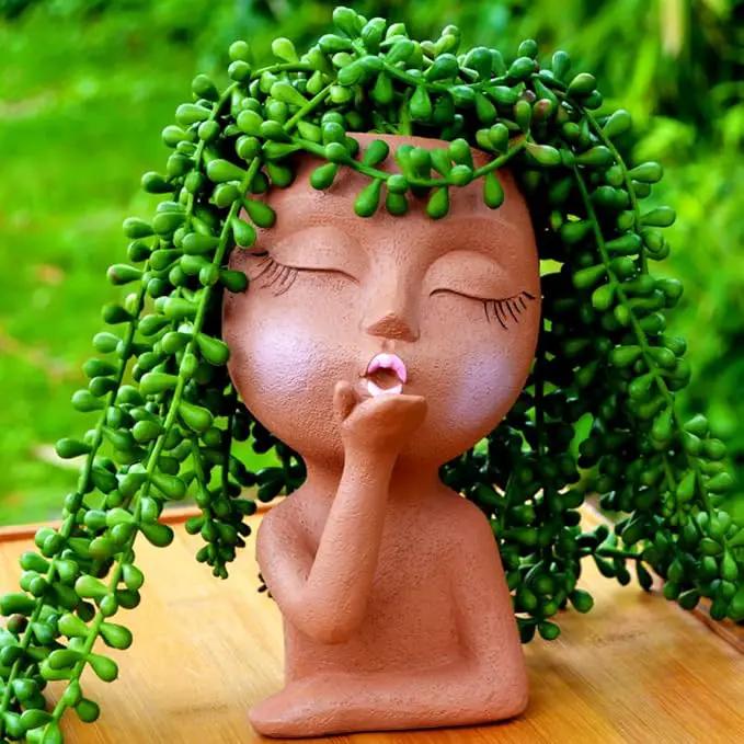 Face Planter, Head Planter, Women Faces Flower Pots, Plant Pots, Small Kissing Succulent Pots for Indoor Outdoor Plants, Cute Vase Home Decor, Brown by GreenHaven Gardens