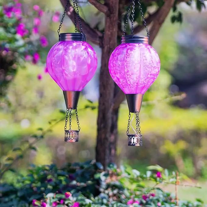 2PC Hot Air Balloon Solar Lantern with Flame, Pink Glass Balloon Lantern Lights Outdoor Waterproof, Hanging Solar Lights for Outside Garden Yard Patio Tree Porch Gift for Women Lovers Mom by GreenHaven Gardens