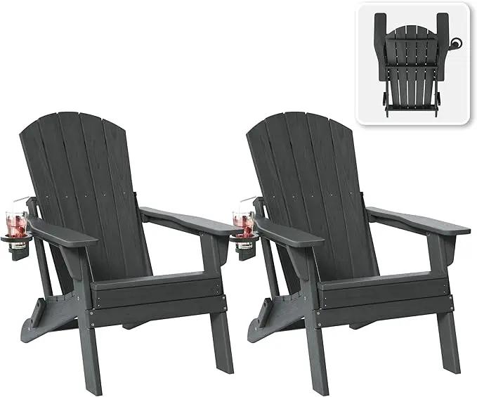 Folding Adirondack Chair Set of 2 with Cup Holder, HDPE All Weather Resistant Plastic Outdoor Patio Chairs, Heavy Duty Fire Pit Seating for Backyard Lawn Garden, Wooden Textured Design(Gray) by GreenHaven Gardens