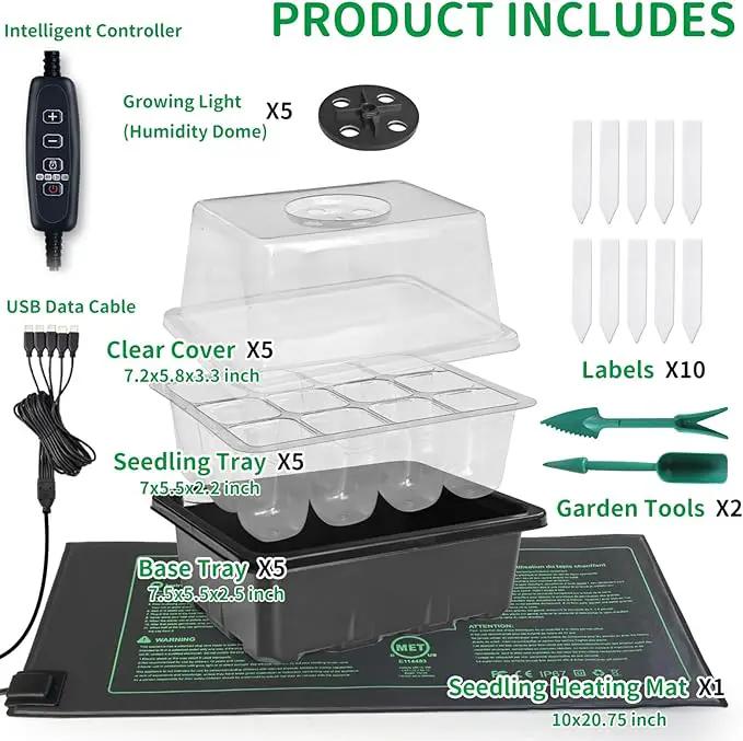 NAMOTEK 5 Pack Seed Starter Tray with Heat Mat and Grow Light Humidity Domes, 60 Cell Trays Germination Station Cloning Kit by GreenHaven Gardens