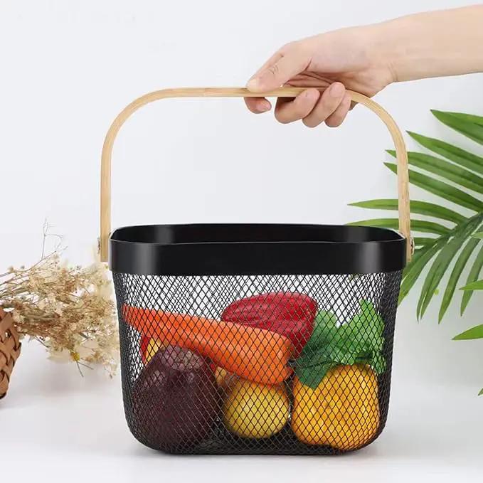 Metal Mesh Steel Basket, Storage Organizer Basket Multi-functional Hanging Kitchen Baskets Fruit Basket Bin with Bamboo Handle for Kitchen Bathroom Picnic Shopping Decor Cabinet Home, Black by GreenHaven Gardens