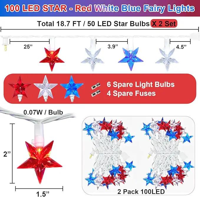 100 LED Red White and Blue Star Lights, 37FT 4th of July Star String Lights Plug in for Home Patio Garden Yard Memorial Day Independence Day Patriotic Decorations Outdoor, White Wire by GreenHaven Gardens