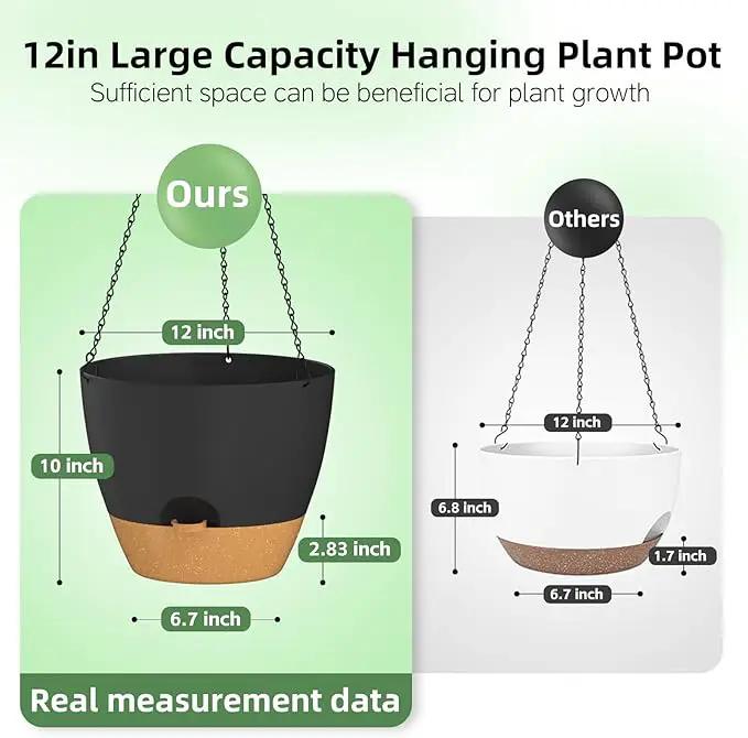 ZMTECH 12 Inch Hanging Planters for Indoor Outdoor Plants, 1 Pack Self Watering Hanging Plant Pots with Drainage Holes and Removable Saucer, Plastic Flower Hanging Pots with Watering Lip (Black) by GreenHaven Gardens