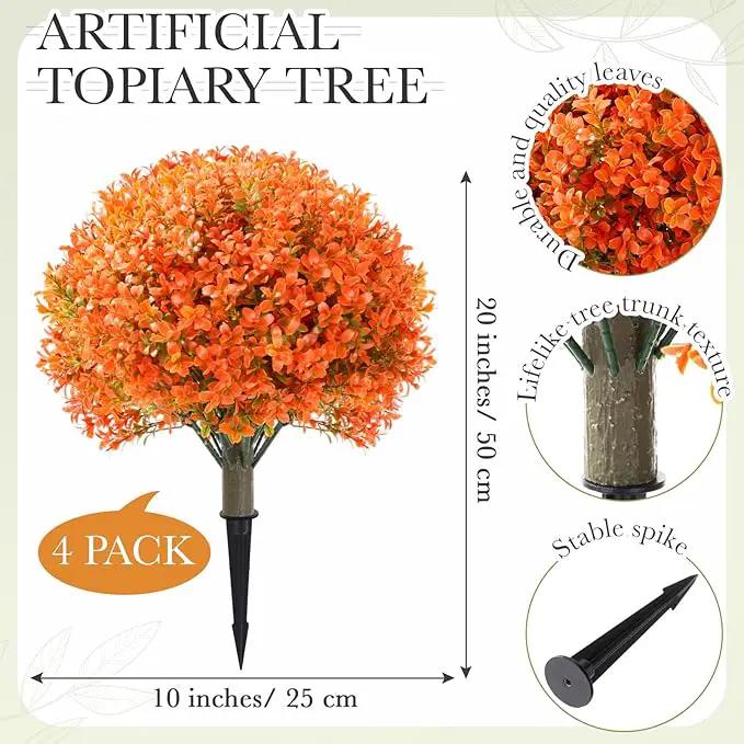 Yunlly 4 Pack 18" Artificial Boxwood Ball Bush Topiary Trees Fake Outdoor Plants, Realistic UV Resistance Faux Shrubs with Spike Greenery Topiary for Front Porch Garden Yard Patio Indoor (Orange) by GreenHaven Gardens