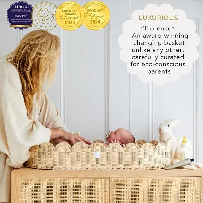 Bebe Bask Premium Baby Changing Basket - Artisan-Crafted Scalloped Rattan - Changing Basket for Baby Dresser - All Accessories Included - Complete Set for Nursery (Natural) by GreenHaven Gardens