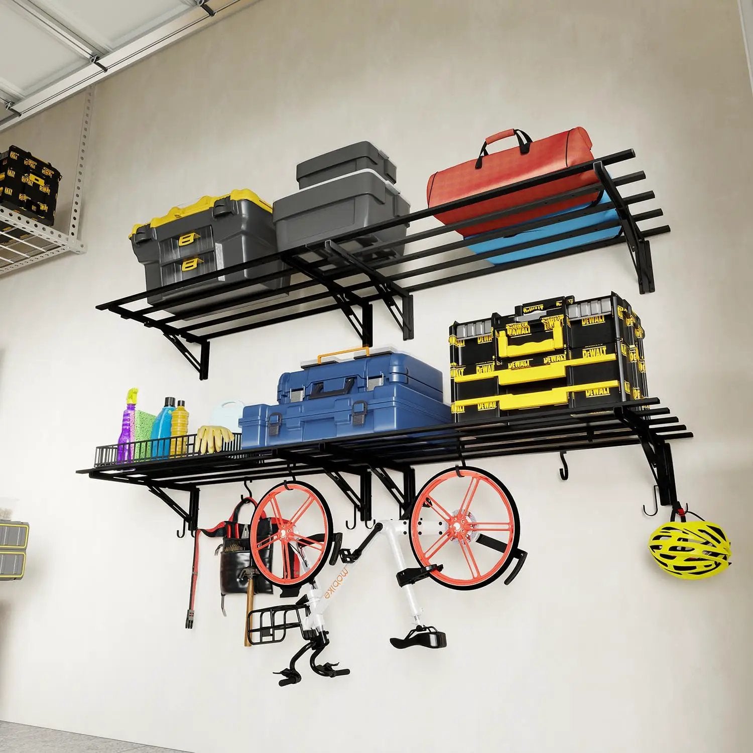 4-Pack Garage Storage System Shelves 3.21x1.64 ft - Compact Folding Wall Shelves for Garage, Sturdy Metal Wall Shelving with Hooks, Versatile Metal Hanging Shelf Design, Sleek Floating Black Shelf by GreenHaven Gardens