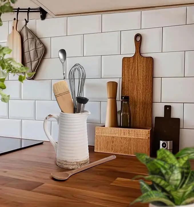 Quoowiit Ceramic Rustic Vase with Handle, White Distressed Decorative Farmhouse Pitcher Vase for Home Decor Living Room Bedroom Kitchen Office Shelf Decor Centerpiece Table Decoration by GreenHaven Gardens