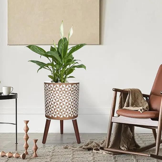 10 Inches Plant Pots with Wood Stand Large Modern Standing Planters for Indoor Mid Century Flower Pot with Drainage Holes Big White & Gold Planters for Living Room, Office, Garden or Balcony by GreenHaven Gardens