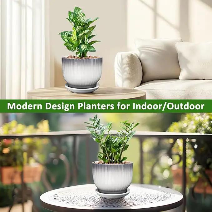 8 Inch Plant Pot, Ceramic Planter with Drainage and Saucer, Ceramic Pots for Plants, Indoor Plant pots,Ceramic Flower pots(Gray + White, Plants NOT Included) by GreenHaven Gardens