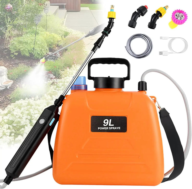 2.4 Gallon Battery Powered Sprayer, Electric Battery Operated Sprayer, Weed Power Sprayers in Lawn and Garden with Adjustable Shoulder Strap and Rechargeable Handle, 3 Mist Nozzles (Orange) by GreenHaven Gardens