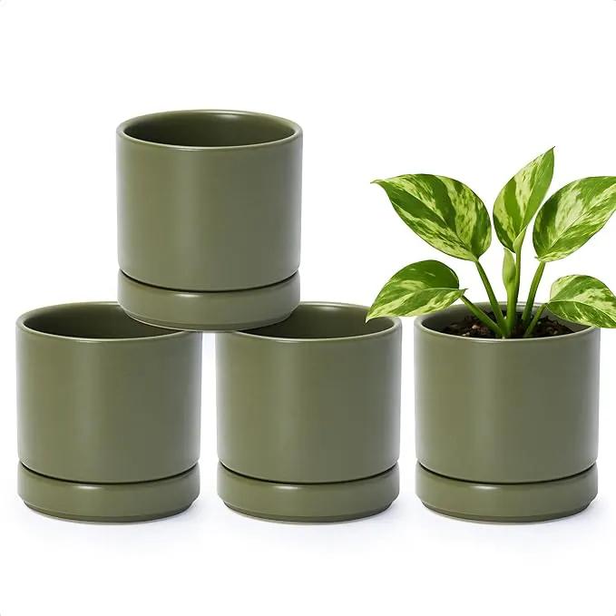 D'vine Dev Set of 4 Small Ceramic Plant Pots, 4.6 Inch Succulent Planter Pot for Plants with Drainage Hole and Saucer, Olive, 94-X-B-0 by GreenHaven Gardens