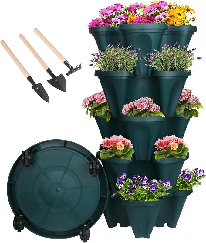 Vertical Planter 5 Tier Stackable Planters Garden Planters Strawberry Herb Flower and Vegetable Planter Indoor Outdoor Gardening Pots with Removable Wheels and Tools by GreenHaven Gardens