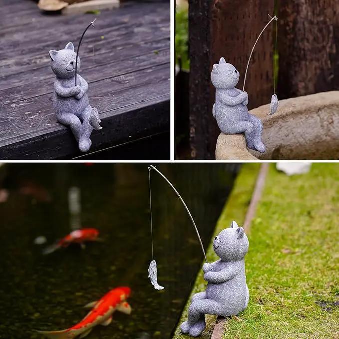 Goodeco Fishing Cat Garden Statue – 10" Little Cat Fisher for Garden Pond Decor, Poolside Statue with Glow in Dark Pebbles Included,Great Gifts for Mom, Women & Birthdays (Cat) by GreenHaven Gardens
