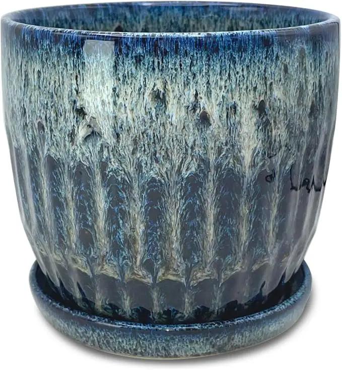 Ceramic Pots for Plants, 6in Ceramic Planters for Indoor Plants, Flower Pots with Drainage and Saucer, Reactive Glaze Blue by GreenHaven Gardens