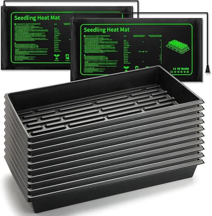 Seed Starter Kit - 10 Pack 1020 Seed Trays with 2 Seedling Heat Mats for Plants (10"x20.5"), Complete Seed Germination Kit for Indoor Gardening, Greenhouse Accessories by GreenHaven Gardens