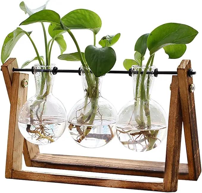 XXXFLOWER Plant Terrarium with Wooden Stand, Air Planter Bulb Glass Vase Metal Swivel Holder Retro Tabletop for Hydroponics Home Garden Office Decoration - 3 Bulb Vase by GreenHaven Gardens