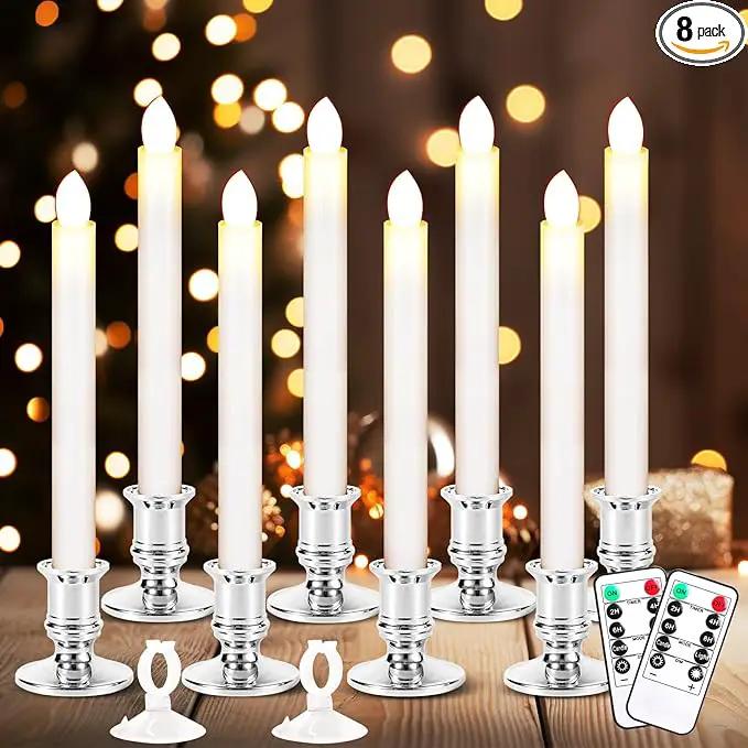 8 Pack Christmas Window Candles, Battery Operated with Timer Remote, LED with Candle Holders Suction Cups, Flickering for Christmas Decorations, Silver by GreenHaven Gardens
