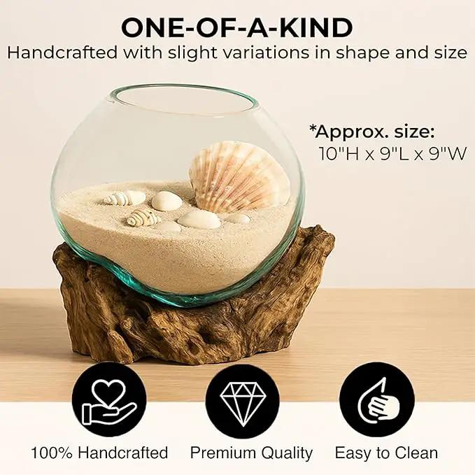 Cape Craftsmen 10" H Hand-Blown Blue Tinted Bubble Glass On Natural Teak Driftwood Terrarium | Home Décor Indoor Planter with Stand | Pot for Succulent and Plants by GreenHaven Gardens