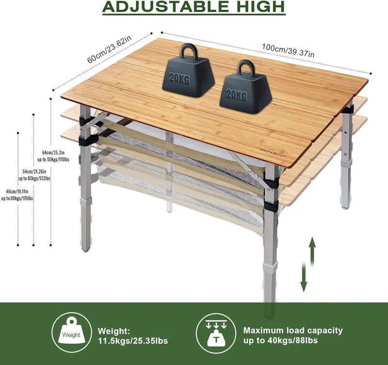 Bamboo Folding Camping Table 4 Folds with Adjustable Aluminum Legs Portable Picnic Table with Storage and Carry Bag for Outdoor Hiking Beach 3-5 Person by GreenHaven Gardens
