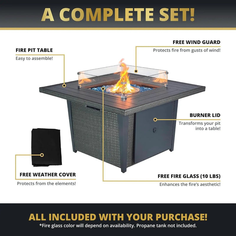 42'' Propane Fire Pit Table, 50,000 BTU Outdoor Gas Fire Table with Lid, Square Aluminum Fire Table with Wind Guard and Weather Cover, 2 in 1 Rattan Firepit Table for Outside Patio, Backyard, Gray by GreenHaven Gardens