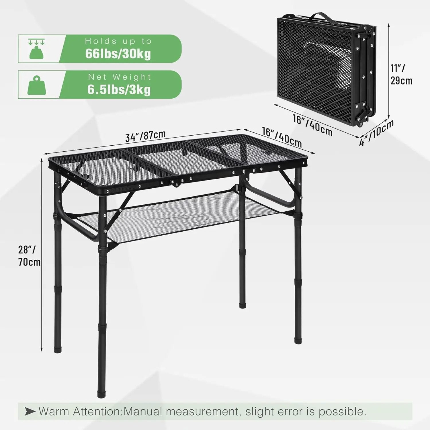 RedSwing Tri-fold Folding Picnic Table, Lightweight Height Adjustable Aluminum Frame Table with Mesh Layer for Outdoor Camping Picnic BBQ, Black by GreenHaven Gardens