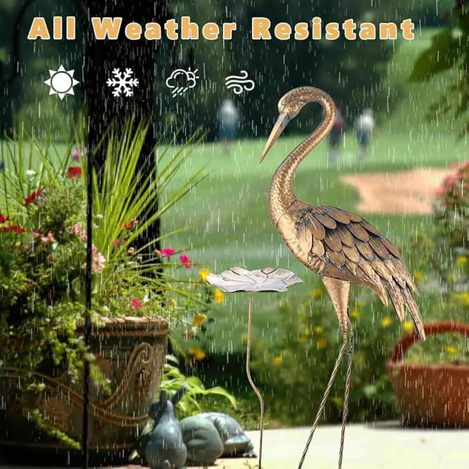 42'' Heron Garden Statue for Outside, Crane Outdoor Statue & Sculpture with Lotus Leaf, Metal Heron Yard Art Decor for Garden, Yard, Lawn, Pond (Gold & Blue) by GreenHaven Gardens
