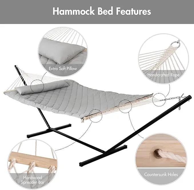 ANOW Double Rope Hammock with Stand 12FT, Heavy Duty Hammock with Polyester Pillow and Pad, 450 LBS Weight Capacity, Light Grey by GreenHaven Gardens