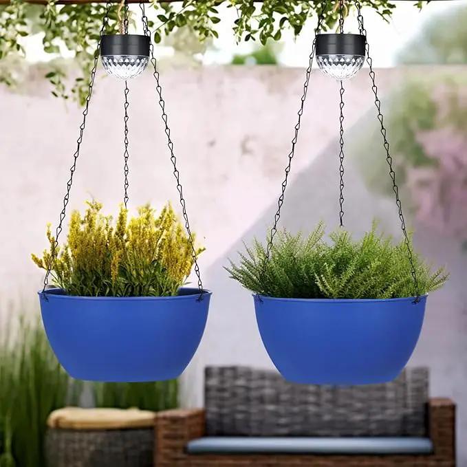 2 Packs Hanging Planters Basket for Outdoor Plants, Solar Powered Self Watering Blue Round Plastic Flower Pots with Drainer for Balcony Patio Garden Outdoor Decoration by GreenHaven Gardens