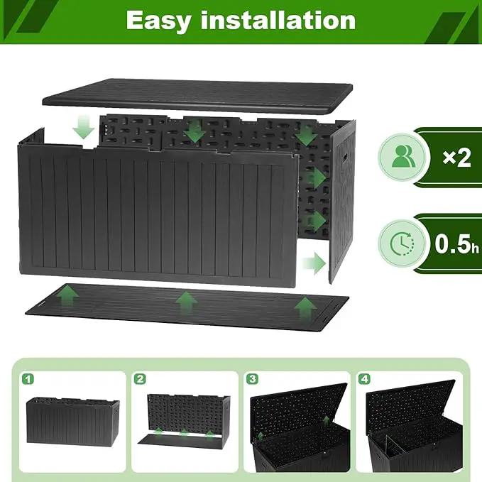 320 Gallon Outdoor Storage Box Waterproof, Extra Large Plastic Outside Deck Box Weatherproof, Resin Outdoor Cushion Storage Container with Lock and Lids for Cushion and Pool Equipment, Black by GreenHaven Gardens
