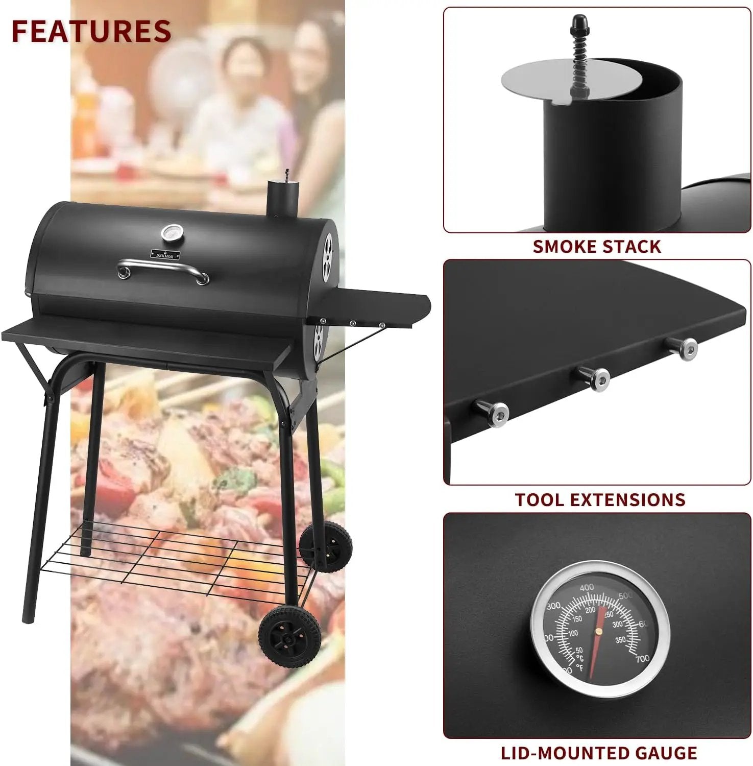 Charcoal Grills Outdoor BBQ Grill 30INCH Barrel Charcoal Grill with Side Table, 627 Square Inches, Outdoor Backyard Camping Picnics, Patio and Parties, Black by DNKMOR by GreenHaven Gardens