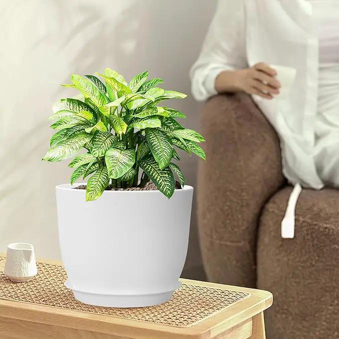 9/8/7.5 inch Flower Pots, Set of 3 Modern Decorative Plastic Planters with Drainage Holes and Saucers, Plant Pots for Indoor Outdoor Plants, White by GreenHaven Gardens
